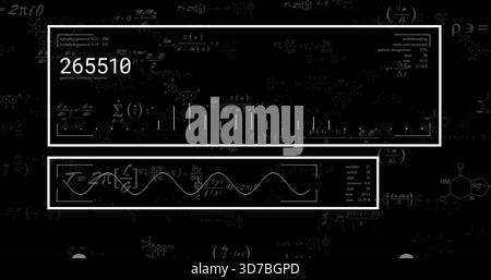 Displaying two centered white data panels on blackboard showing 265510, waveform, ticks, formulas Stock Photo