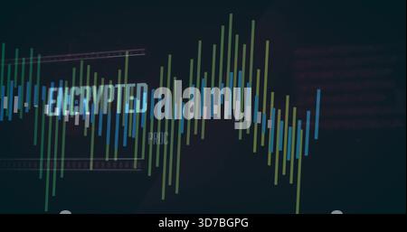Displaying waveform bars pulsing on digital dashboard, showing ENCRYPTED label and UI grid Stock Photo