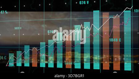 Displaying vertical bar chart on dashboard at night, featuring white and magenta trend lines Stock Photo