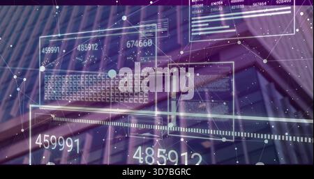 Projecting holographic panels floating over glass steel atrium, showing numeric readouts and nodes Stock Photo