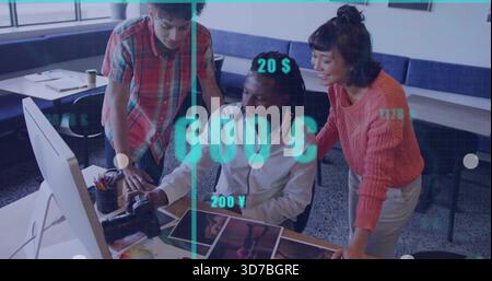 Editing seated man checking proofs at studio desk with DSLR and HUD, plaid-shirt and coral-sweater Stock Photo