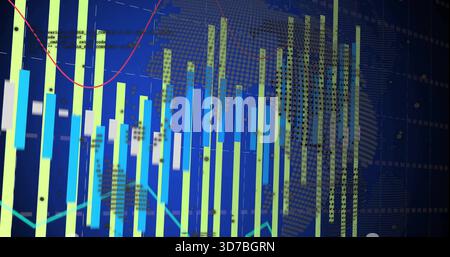 Displaying data visuals occupying center of blue screen, with vertical bar chart, candles and lines Stock Photo