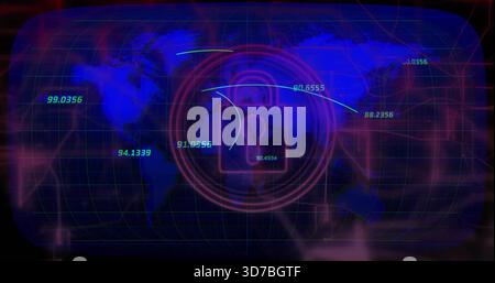 Displaying central padlock icon pulsing over global map grid, with glowing nodes and trajectories Stock Photo