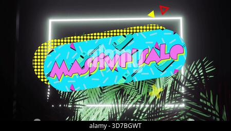 Glowing rectangular neon frame showing cyan oval MASSIVE SALE in studio, palm fronds reflecting LED Stock Photo