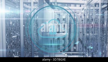 Displaying blue cloud security overlay with padlock hovering over datacenter aisle, with racks Stock Photo