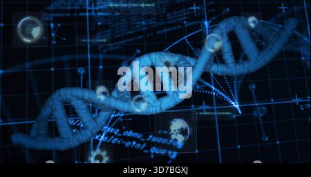 Displaying DNA double helix twisting diagonally in virtual lab, with glowing nodes and grid lines Stock Photo