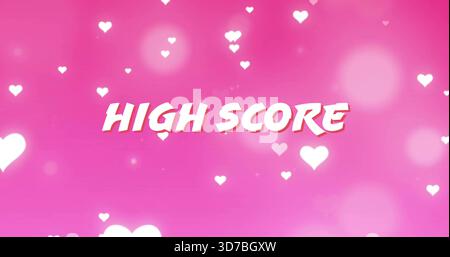 Displaying HIGH SCORE text on game overlay pink gradient, showing red shadow, white hearts, bokeh Stock Photo