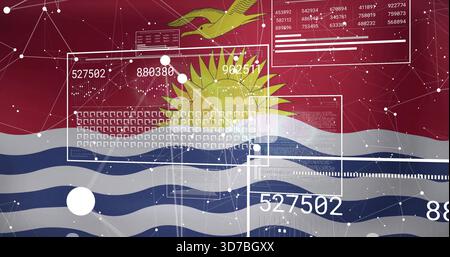 Displaying stylized Kiribati flag in vector graphic, showing sun, frigatebird, UI panels and nodes Stock Photo