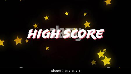 Displaying centered bold text reading HIGH SCORE on dark arcade screen, with glowing gold stars Stock Photo