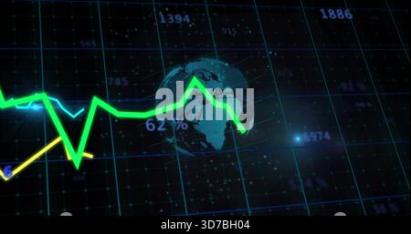 Displaying neon-green line chart and 3D globe on dashboard, featuring cyan-yellow lines and 62% Stock Photo