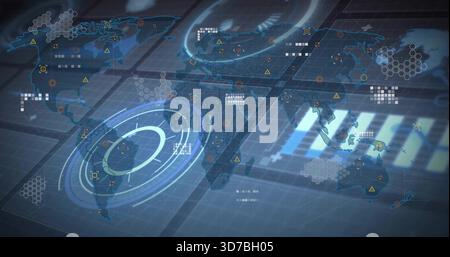 Displaying hologram world map and HUD over grid, showing concentric rings, hex tiles, warning icons Stock Photo