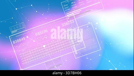Floating hologram keyboard and clear panels glowing on purple-pink gradient, showing numeric 838849 Stock Photo