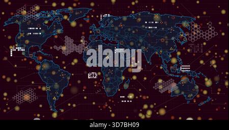 Displaying stylized world map with neon-blue outlines on maroon UI showing nodes and hex clusters Stock Photo