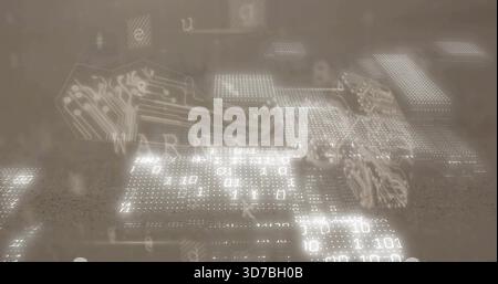 Projecting glowing panels hovering over sepia textured surface, with binary code and circuit traces Stock Photo