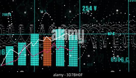 Displaying tiled teal bars in dark display showing orange bar white and magenta lines teal grid Stock Photo