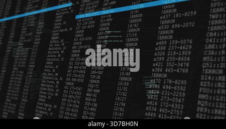 Displaying monitor showing monospaced text columns in server room, highlighting cyan bar and ERRORs Stock Photo