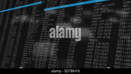 Displaying monitor showing code columns at control room, ERROR entries, blue row, dotted globe Stock Photo
