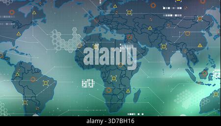Displaying stylized world map on dashboard, showing continents, node markers, connector lines Stock Photo