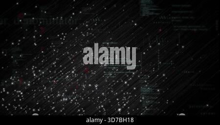 Pulsing field of glowing dots forming diagonal streaks in virtual UI, with teal code, red markers Stock Photo
