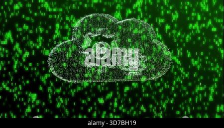Glowing particle cloud showing two white gears in virtual cyberspace, with green binary digits Stock Photo