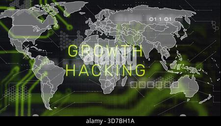 Displaying wide world map graphic centered on dashboard, featuring neon yellow GROWTH HACKING Stock Photo