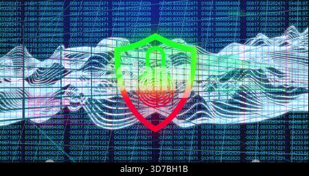 Displaying center shield emblem with gradient, lock and fingerprint over tiled grid wave and code Stock Photo