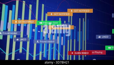 Displaying centered data panel on dark blue grid, showing vertical bars, line graphs, alert badges Stock Photo