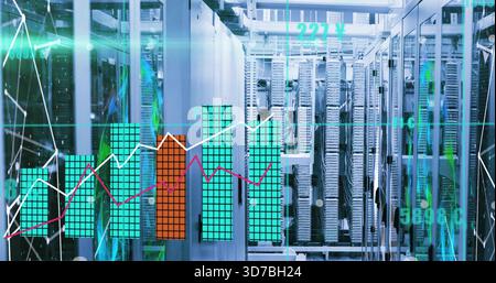 Glowing central server rack row showing bar chart overlays and trend lines inside datacenter aisle Stock Photo