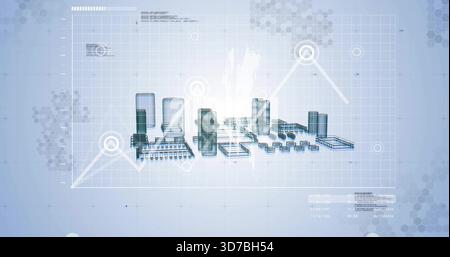 Displaying 3D industrial complex hovering on light blue grid, showing tanks, conveyors, HUD graph Stock Photo