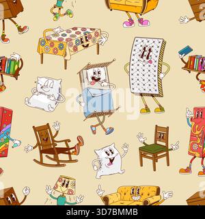 Groovy furniture characters seamless pattern. Cartoon vector tile with funny retro home bed, pillow, sofa, table, lamp and bookshelf. hippie y2k vibe with nostalgic personages on beige background Stock Vector