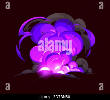 Cartoon bomb explosion, magic smoke of boom explode with clouds, vector effect. Explosive burst of TNT bomb or energy outburst with clouds blast in cartoon effect with neon light of magic smoke Stock Vector