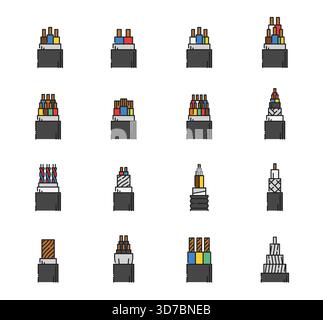 Black electric and wire icons of cable types different structures, insulation, cross sections and electrical conductors, twisted, shielding, insulation layers. Vector technical or instructional signs Stock Vector