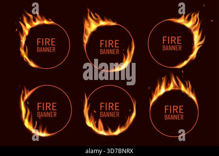 Realistic circus fire ring with burning flames. 3d Vector burn flare circular borders with blaze tongues, flying particles and embers on frame edges. Burned hoops or holes in fire, round banners set Stock Vector