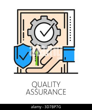 Quality assurance and inspection icon or pictogram. Product quality certification icon, factory regulation color line vector symbol. Regulatory inspection pictogram with document, shield and cogwheel Stock Vector