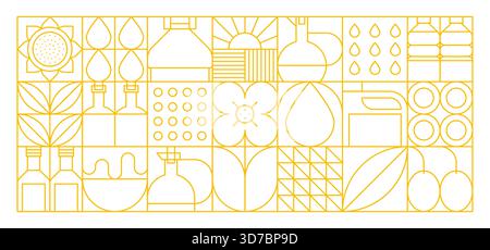 Olive rapeseed and sunflower oil modern geometric pattern. Vector line art icons of bottles, droplets, leaves, seeds, flowers and farming items in a grid layout with a minimal yellow outline on white Stock Vector