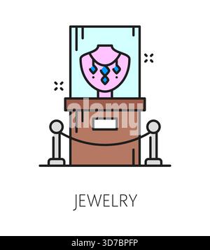 Museum art gallery and exhibition color line icon of jewelry display, vector pictogram. Museum exhibit showcase icon of antique archeology or history and culture for ancient jewelry gems exhibition Stock Vector