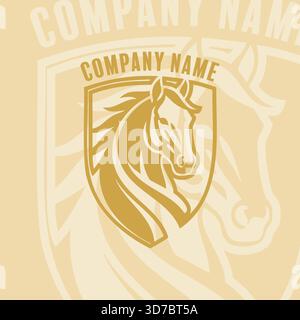 Stylized golden horse head logo inside a shield emblem, representing power and elegance for branding Stock Vector