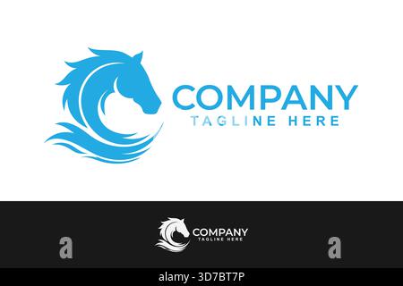 Modern blue horse head emblem with flowing mane and tail, creating an elegant visual identity Dynamic logo concept for various business applications Stock Vector