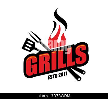 BBQ grills restaurant, butchery store icon or emblem. Restaurant barbeque food icon, farm shop BBQ vector badge. Steakhouse grill menu emblem or label with typography, fire flame, spatula and fork Stock Vector