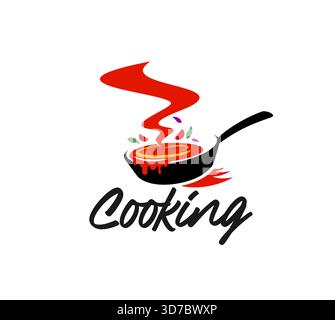 Restaurant grill menu pan cook icon or patch. Fast food cafe kitchen cook emblem, Asian culinary menu vector badge. Restaurant cuisine cooking utensil icon or label with stew or soup cooking in pan Stock Vector