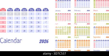 2026 calendar grid colorful monthly planners featuring clean minimalist layout with full-year overview, Stock Vector