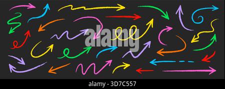 Arrow crayon pastel pencil chalk color line stroke. Sketch chalk pastel color pencil texture line kid fun arrow icon. Hand drawn grunge crayon pencil brush direction elements. Vector illustration Stock Vector