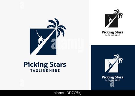 Logo design of people climb coconut trees to reach the stars Stock Vector