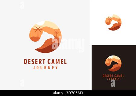 Desert panorama with camel and palm logo symbol icon design illustration Stock Vector