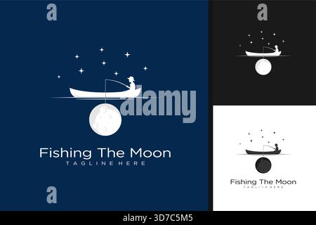 Moon fishing fisherman logo design Stock Vector
