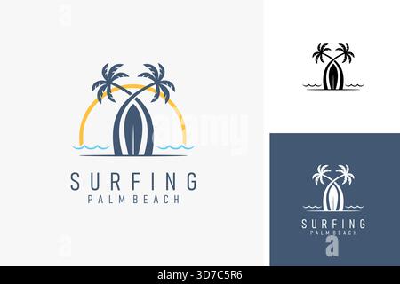 Surfboard and palm beach for surfing logo symbol icon design Stock Vector