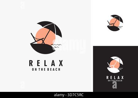 Sunset beach with lounge chair and umbrella logo symbol icon design illustration Stock Vector