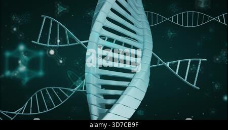 Floating central DNA helix occupying virtual space, with smaller strands, ladder rungs, hex net Stock Photo
