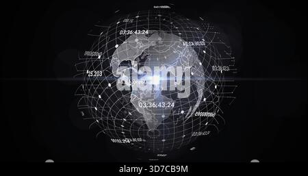 Rotating 3D holographic globe projecting data in virtual interface, with timecodes and nodes Stock Photo