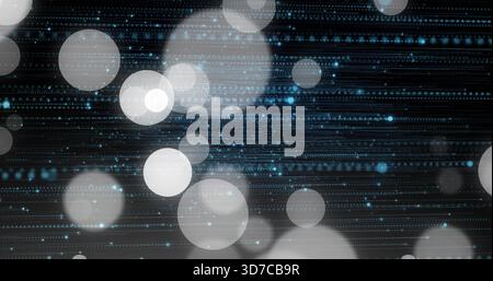 Glowing soft pale bokeh circles drifting across dark digital display with dotted blue data lines Stock Photo